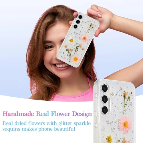 Miniatura 6 de EYZUTAK Funda para Samsung Galaxy A15 4G/5G, Bling Glitter Lentejuelas Hecho a Mano Hoja De Flor Seca Real Funda Estética Transparente Embedded
