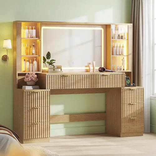 HAUOMS Big Vanity, escritorio de maquillaje de madera estriada con espejo y luces LED de sincronización de sonido, tocador grande, 8 cajones, Roble