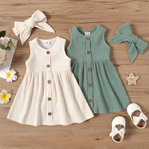 Miniatura 6 de PATPAT Vestido de verano sin mangas para bebé, vestido liso de punto acanalado, falda sin mangas, vestido de verano con diadema