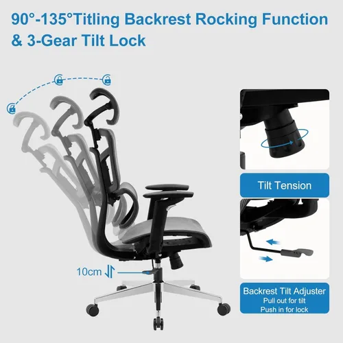 Miniatura 6 de Silla de oficina ergonómica, silla de escritorio de malla con respaldo alto y respaldo ajustable y cojín lumbar y ancho, silla de trabajo grande