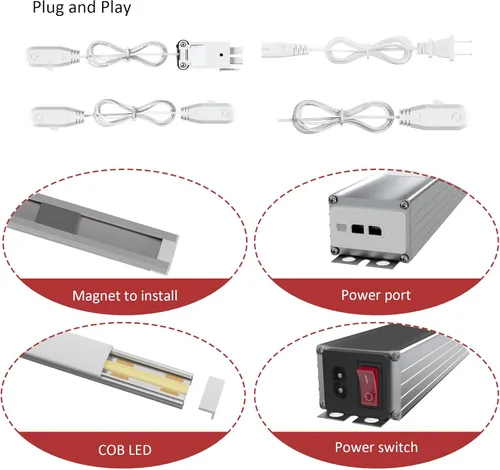 Miniatura 8 de Kit de luces de estantería de góndola de 48 pulgadas con 8 barras de luz LED de color blanco puro de 6000 K, fuente de alimentación y accesorios