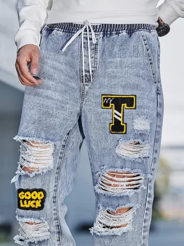 Miniatura 7 de Jeans para hombre Pantalones de mezclilla rasgados con letras parcheadas para hombre (Color lavado ligero, Talla L)