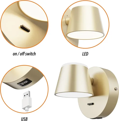 Miniatura 3 de URSOLA Aplique de pared LED con interruptor de encendido/apagado, puerto de carga USB, 110 voltios, lámpara de pared cableada con cable de 350