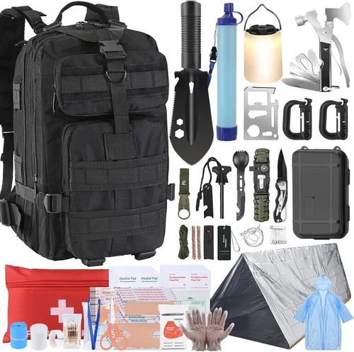 Regalos para hombres Kit de supervivencia de Navidad, equipo de supervivencia y suministros 258 PIEZAS con filtro de agua, tienda de emergencia,