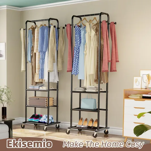Miniatura 2 de Ekisemio Perchero de ropa resistente con ruedas, moderno perchero con 3 estantes de metal, color negro