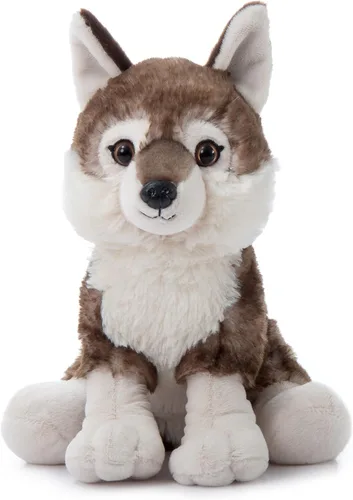 The Petting Zoo Peluche de lobo de madera, regalos para niños, animales salvajes del zoológico Onez, juguete de peluche de lobo de madera sentado de