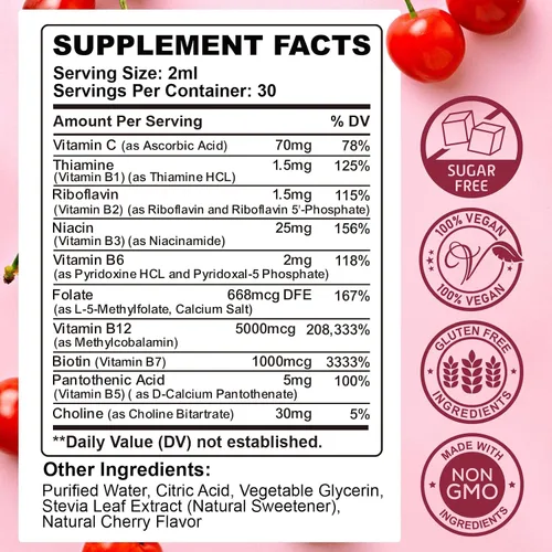 Miniatura 2 de CFILIHTC Gotas líquidas de complejo de vitamina B, suplemento de complejo de vitaminas B con gotas B1, B2, B3, B5 B6, B7, B9 y metil B12