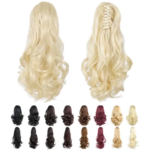 Miniatura 56 de Extensiones de cola de caballo, extensiones de cabello rizado con clip de garra de color marrón oscuro para mujer, peluca sintética de cola