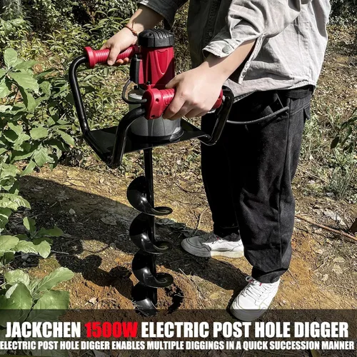 Miniatura 3 de JACKCHEN Perforadora eléctrica de agujeros para postes de 1500W con reversa, barrena de tierra de doble mango con bolsa de almacenamiento, brocas