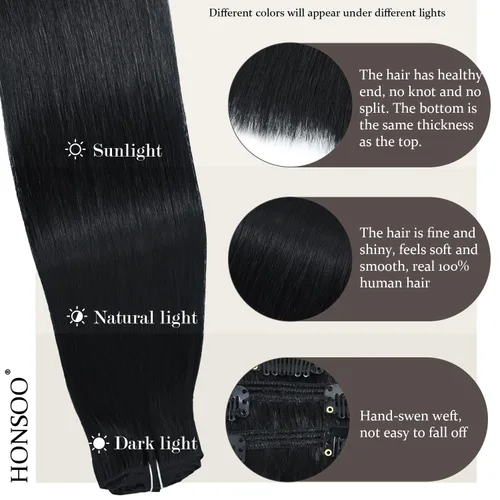 Miniatura 4 de Honsoo 120g Extensiones de cabello humano real con clip, color negro azabache para mujeres negras, 14 pulgadas, 7 piezas, extensiones de cabello