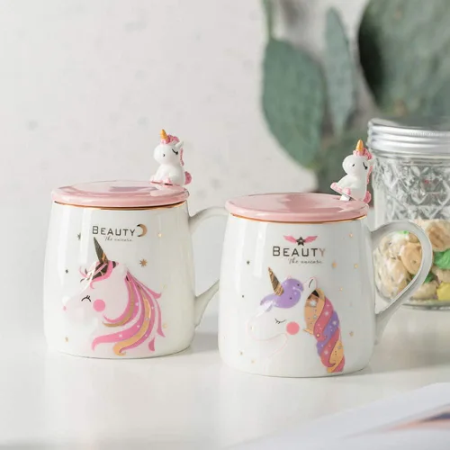 Miniatura 2 de Taza de unicornio BigNoseDeer, linda taza de café de cerámica con adorable cuchara de unicornio, taza novedosa para la mañana para café, té, leche