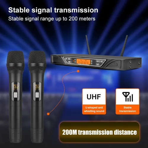Miniatura 2 de NG-9 UHF Sistema de micrófono inalámbrico dual con 2 micrófonos dinámicos de mano, antiinterferencias de grado profesional, micrófono de dos manos