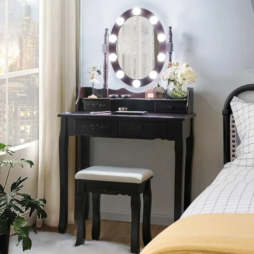 Miniatura 10 de Giantex Juego de tocador con espejo iluminado, mesa de maquillaje con 10 luces rosadas, escritorio de tocador moderno con taburete acolchado, 3