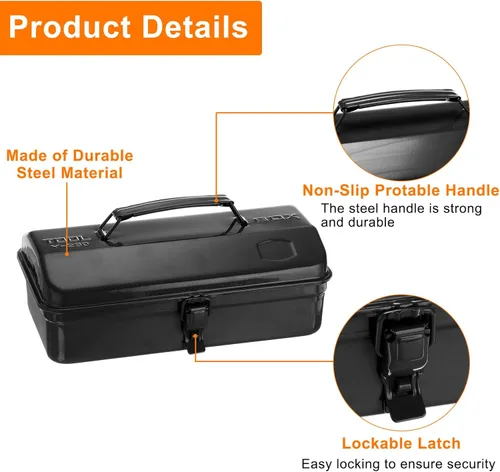 Miniatura 4 de HARFINGTON Caja de Herramientas 11.4" Caja de Herramientas de Acero Portátil Estilo Techo de Cadera con Cierre de Pestillo de Metal Cofre de Negro