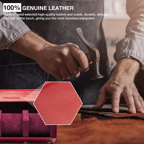 Miniatura 3 de molshine Estuche organizador de viaje de cuero genuino bruñido con 3 ranuras para relojes, caja de almacenamiento de relojes para hombres y mujeres