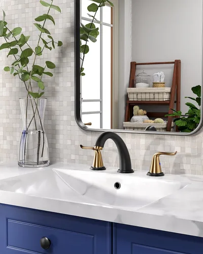 Miniatura 3 de WOWOW Grifo de Baño Extendido Negro y Dorado Grifo de Lavabo de Baño Tocador de 3 Agujeros 2 Manijas Lavabo Grifo Mezclador de 8 Pulgadas