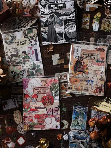 Miniatura 6 de Calcomanías de diario basura para álbumes de recortes, 166 piezas retro de flores, mariposas, naturaleza, poemas, letras decorativas para álbumes