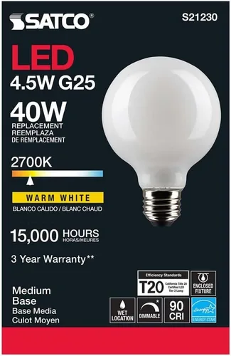 Miniatura 7 de Satco S21230 4.5G25/LED/WH/927/120V - Paquete de 6 Warm White, 120V
