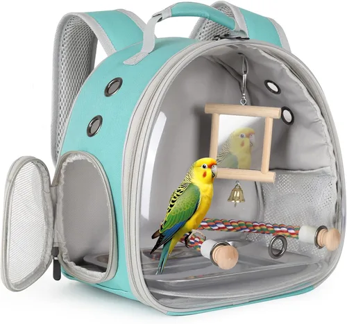 Miniatura 18 de Jaula portátil de viaje para loros con juguete pequeño oscilante y jaula, juego de juguetes coloridos para pájaros pequeños, bolsa de periquito