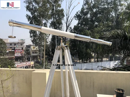Miniatura 5 de Soporte de trípode para telescopio antiguo Elite de cuero blanco de diseñador de piso telescopio con base