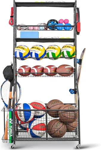 Mythinglogic Organizador de garaje para equipos deportivos, almacenamiento de bolas de garaje para equipo deportivo y juguetes, carrito de bolas