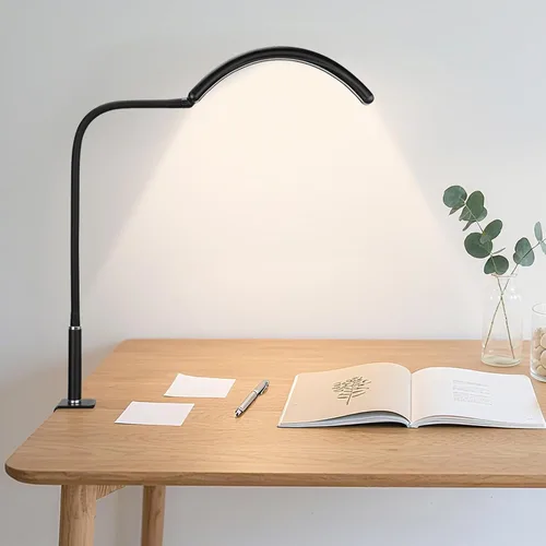 Miniatura 9 de Lámpara de escritorio LED profesional de media luna para técnicos y artistas de uñas, lámpara flexible de cuello de cisne con abrazadera, 5 modos