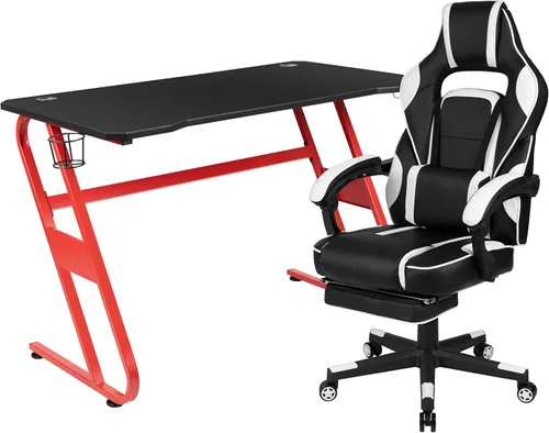 Miniatura 51 de Flash Furniture Juego de escritorio para juegos negro y silla de carreras blanco/negro con soporte para tazas, gancho para auriculares y soporte