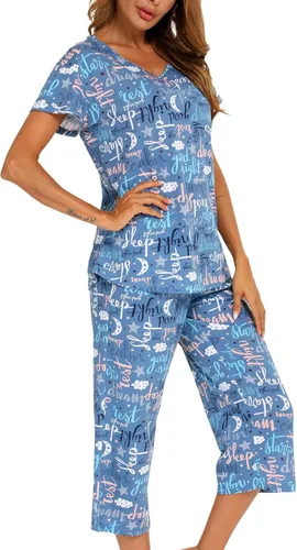 Miniatura 2 de ENJOYNIGHT - Conjunto de pijama para mujer, ropa de dormir de algodón con camiseta y pantalones capri, lindos pijamas