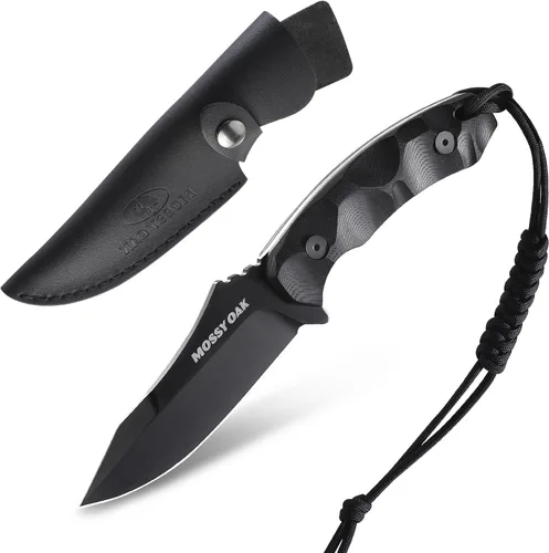 Mossy Oak Cuchillo de hoja fija de 9 pulgadas para caza con funda, 14C28N de espiga completa, mango G10, cuchillo para exteriores de supervivencia,