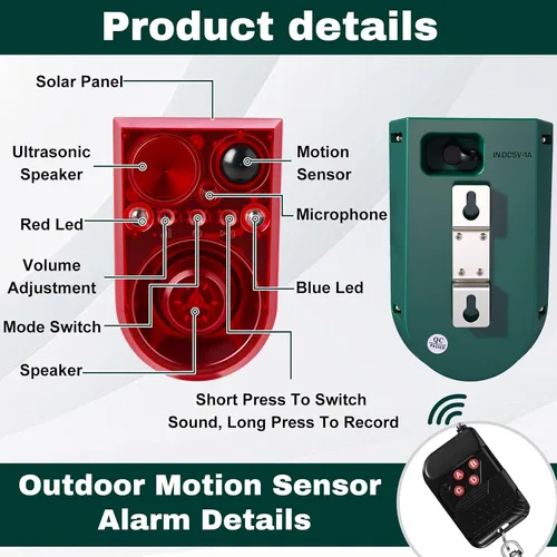 Miniatura 3 de Qualirey Paquete de 2 alarmas solares con sensor de movimiento para exteriores, ultrasónico, disuasorio, 13 sonidos, 130 dB, generador de ruido