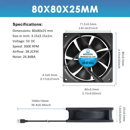 Miniatura 2 de WINSINN DC 3.150 in Ventilador USB 5V 8025 Rodamiento de bolas dual sin escobillas Enfriamiento 3.150 inx0.984 in 2PIN (paquete de 2 piezas)