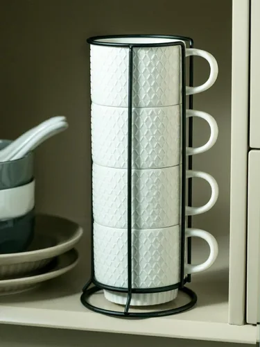 Miniatura 9 de LYEOBOH Tazas de café apilables con estante, juego de 4 tazas de café de cerámica de 13 onzas con soporte, taza de café con cuchara, tazas de Blanco