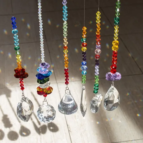 Miniatura 6 de H&D HYALINE & DORA Colgantes de cristal de cristales coloridos, candelabros con atrapasueños de prismas, adornos colgantes de cristal de chakra