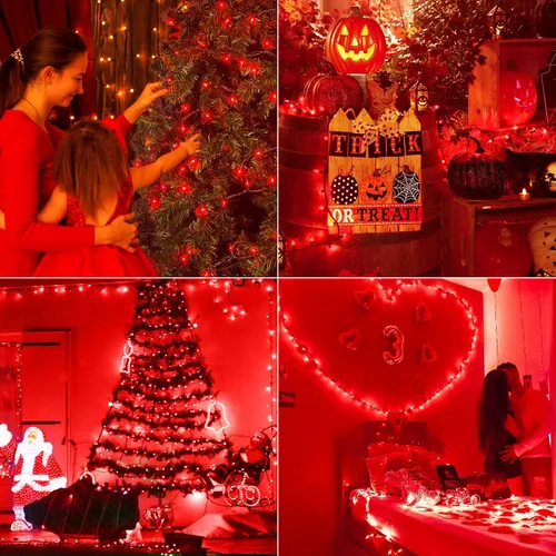Miniatura 6 de Hopolon Mini Luces en Cadena Rojas de Navidad 2 Juegos de 50 Unidades 13 Pies Bombillas Incandescentes Mini Luces en Cadena Impermeables para Rojo