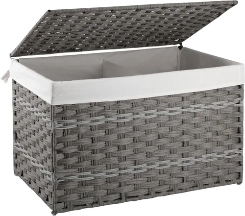 Miniatura 12 de OIAHOMY Cesta de almacenamiento con tapa, cesta de mantas de 42.3 galones (160L) con forro extraíble, cesta de mimbre sintético con asa, plegable