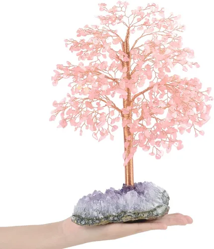 Miniatura 2 de Árbol de la vida con piedras preciosas de cuarzo rosa, base de racimo de amatista, cristal rosa curativo que equilibra la energía positiva, bonsái