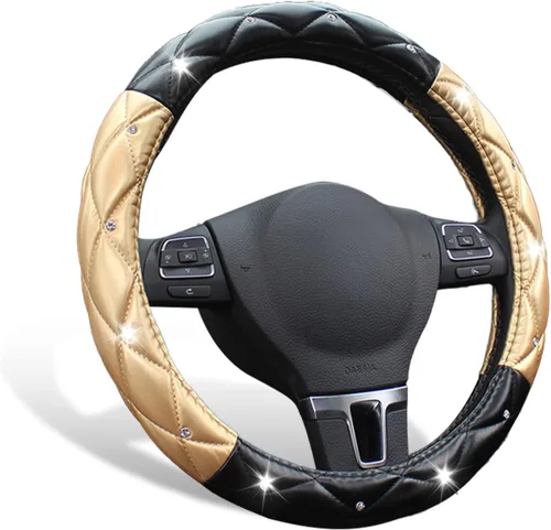 SuperKaKa Funda para Volante Negra y Dorada, Cubierta de Volante de Auto Linda con Diamantes de Imitación Brillantes de Cuero Suave y Cómodo,