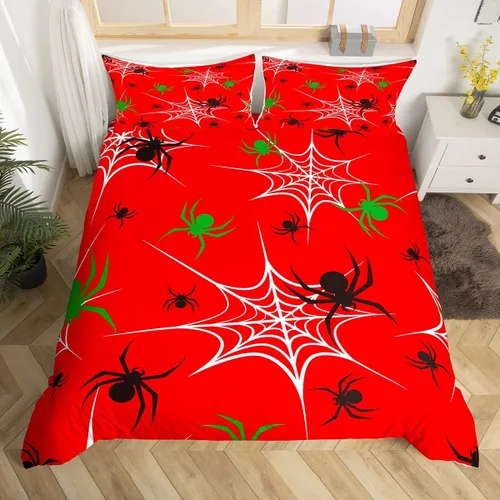 Miniatura 25 de Juego de ropa de cama de Halloween, funda de edredón gótica de murciélagos negros con telarañas, funda de edredón individual, diseño de arañas
