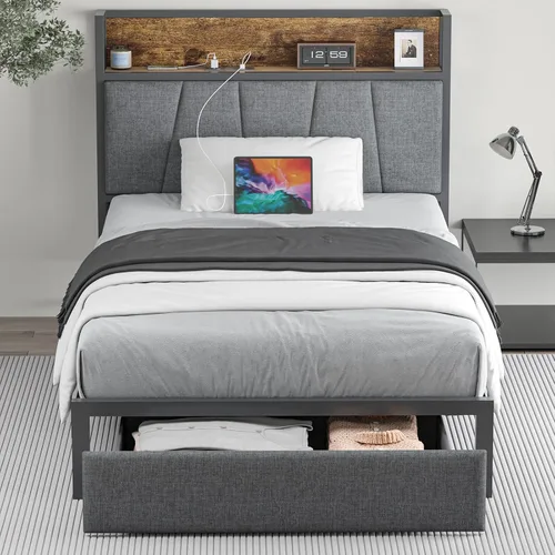 Miniatura 11 de Cikunasi Base de cama tamaño Queen con cabecero y almacenamiento, base de cama con plataforma de cajones con estación de carga y luz LED, Gris