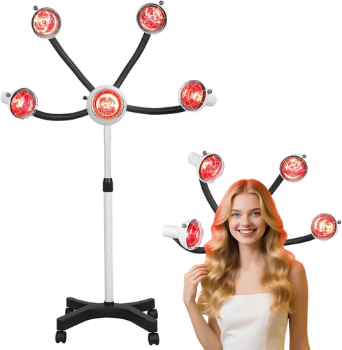 Lámpara de calor infrarroja de 5 cabezales, 750 W, luz roja, portátil, secador de pelo de salón, con temperatura ajustable, procesador de color de