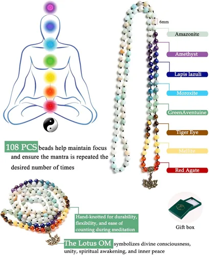 Miniatura 6 de Bivei 7 Chakra 108 Mala Beads Bracelet Real Healing Gemstone Yoga Meditation Hand Knotted Mala Prayer Bead Necklace