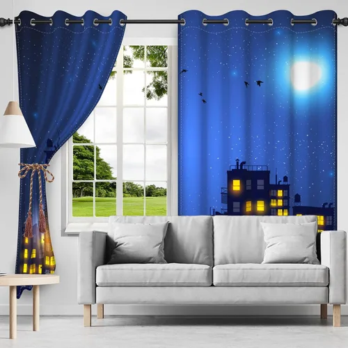 Miniatura 2 de Cortinas de superhéroe de 53 x 84 pulgadas, diseño de dibujos animados, cómic, edificios de ciudad, edificios, 2 paneles de oscurecimiento