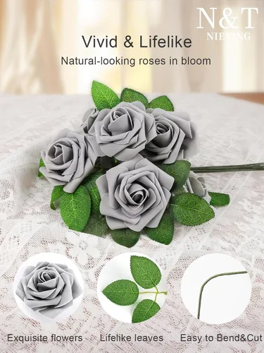 Miniatura 260 de N&T NIETING Flores artificiales, rosas artificiales de color rosa intenso, 50 piezas de flores falsas con tallo para ramos de boda DIY, centros
