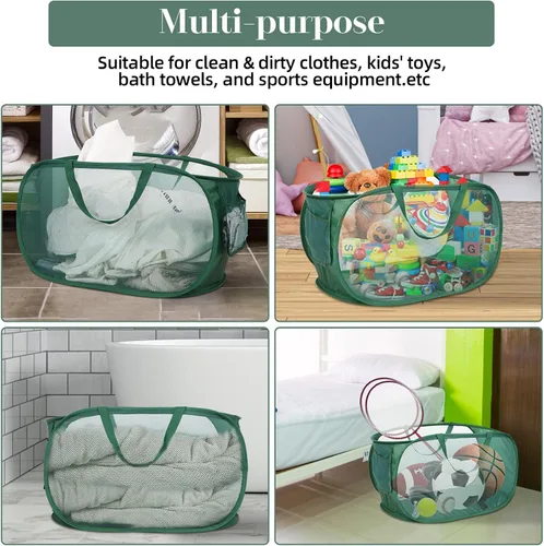 Miniatura 6 de Cesta de lavandería desplegable de malla resistente, cestas plegables con bolsillo lateral, cesta de ropa plegable con asas de transporte reforzadas