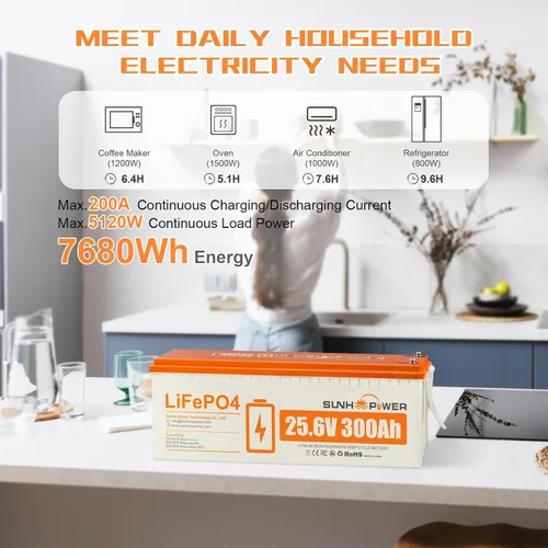 Miniatura 4 de Batería LiFePO4 de 24V 300AH, 7680Wh, batería de litio recargable con BMS de 200A incorporado, ciclo profundo y baja autodescarga, perfecta para RV