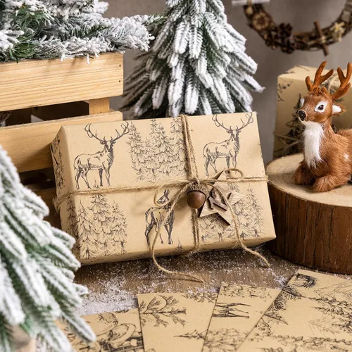 Miniatura 4 de RUSPEPA Papel de regalo Kraft - Diseño de reno negro y árbol de Navidad - Perfecto para Navidad, cumpleaños o cualquier ocasión - 12 hojas dobladas