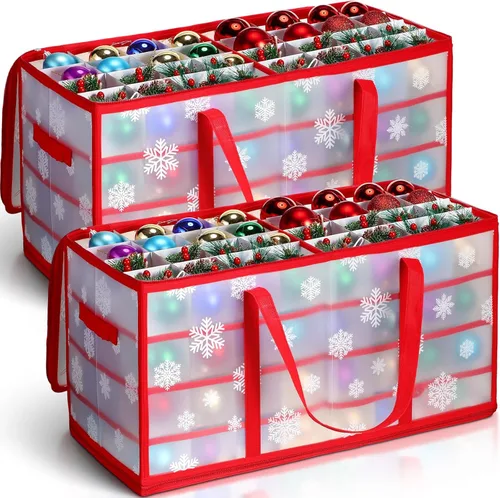 Hosuly 2 cajas de almacenamiento de plástico para adornos de Navidad con divisores, cremalleras, 8 bandejas, 128 ranuras, contenedores de