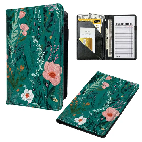 Miniatura 24 de Libros para camarera, cartera de cuero con bolsillo con cremallera, 7 bolsillos de almacenamiento para recetas y cheques, soporte para bolígrafos