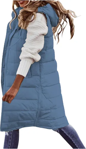 Chaleco largo para mujer, sin mangas, acolchado, con cremallera, capucha, abrigo de invierno cálido, ligero, con bolsillos