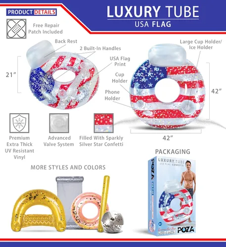 Miniatura 3 de POZA Flotador inflable de piscina de Estados Unidos – Lujosa tumbona divertida llena de confeti de estrellas plateadas brillantes, diseño de bandera